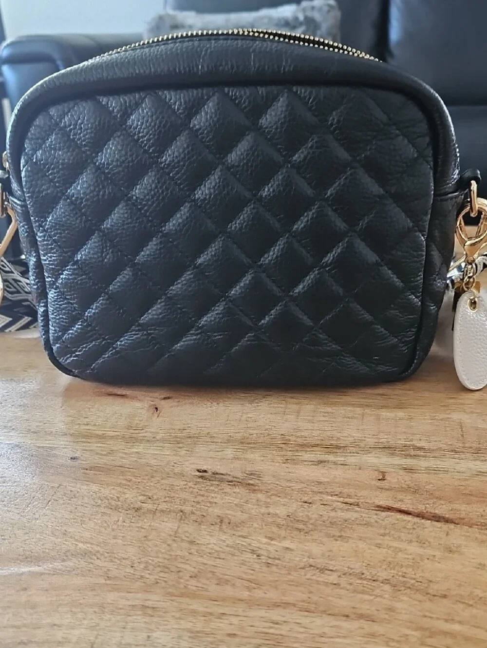 Black Quilted Crossbody Bag with Patterned Strap - Picture 4 of 5